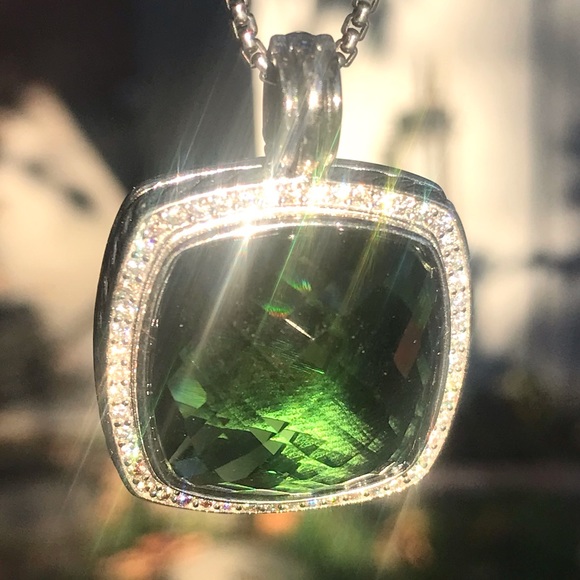 David Yurman 925 Silver Albion 20mm Prasiolite & Diamond Pendant With Chain - Picture 5 of 14